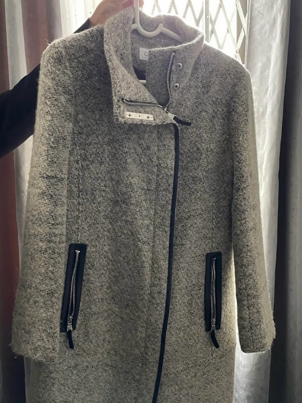 Wool-Blend Funnel Neck Coat in Light Gray